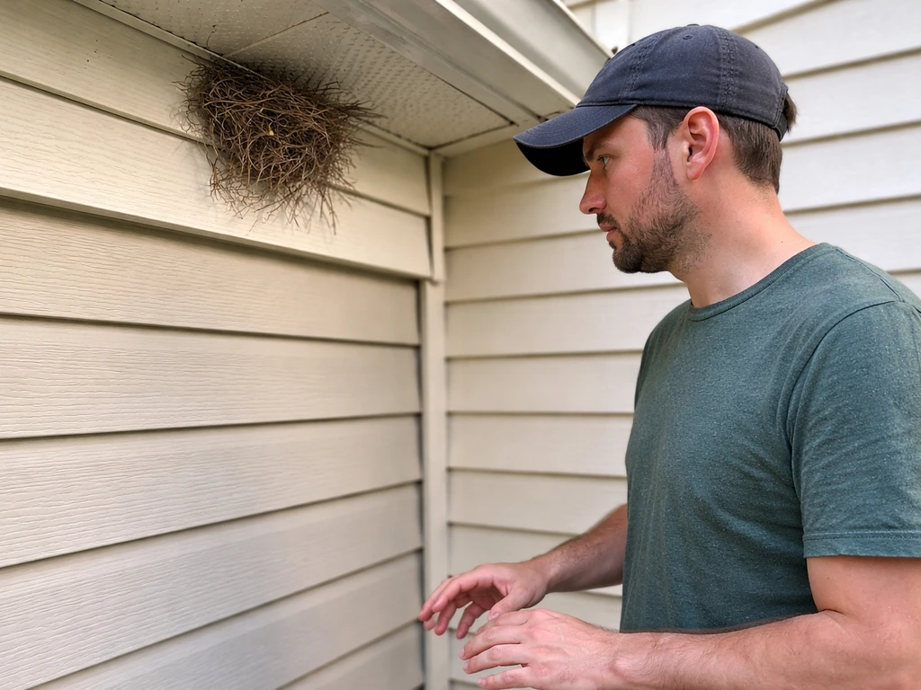 Homeowner keeping distance from an active bird nest, avoiding any touching or disturbance.