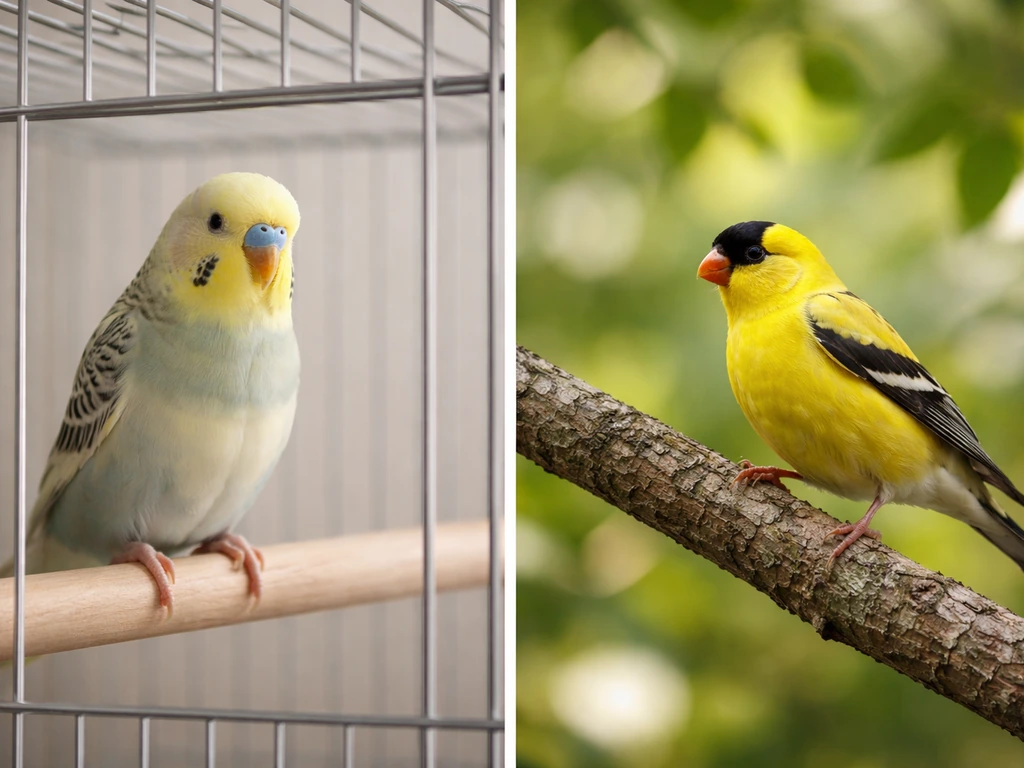Two contrasting bird-risk scenes: a pet bird in a cage and a wild bird on an outdoor branch.
