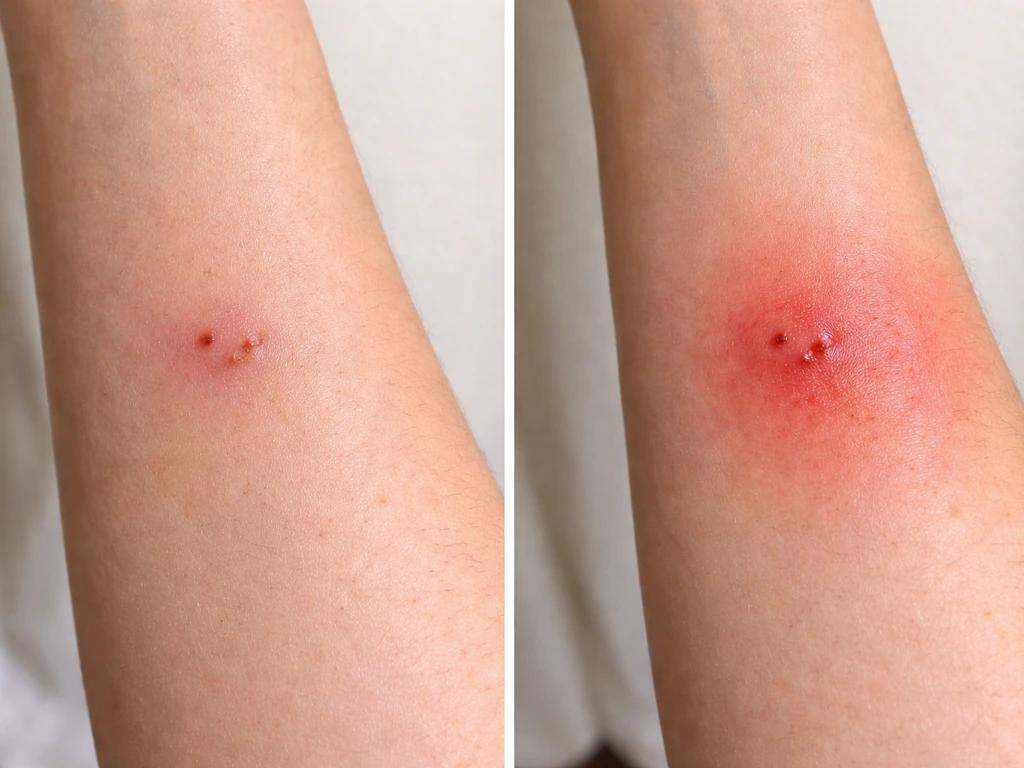 Split close-up forearm wound: mild redness on day one vs spreading redness around bite after 48–72 hours