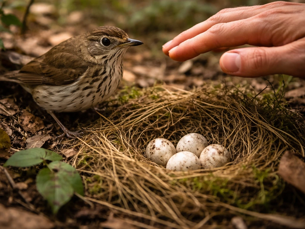 Human hand held back near a wild bird nest with eggs in the foreground, bird watching from the side.