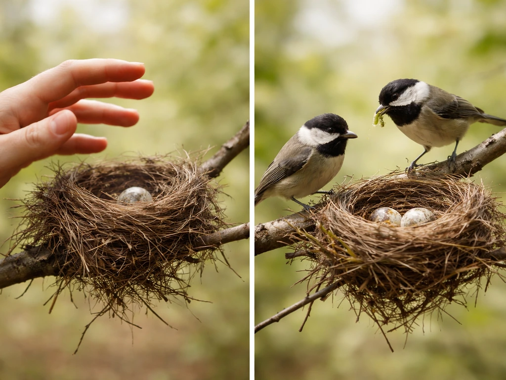 Two-panel scene: human hand near a bird nest vs birds returning to a nest with eggs.