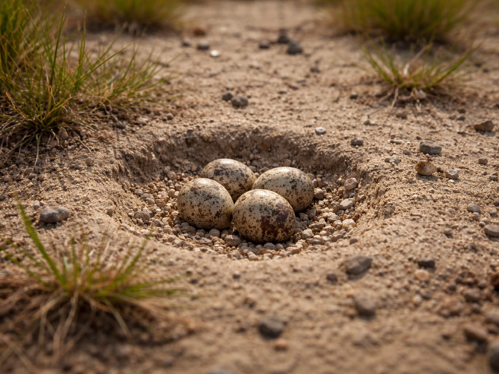 Shallow ground nest scrape with small eggs in sandy soil among sparse grass