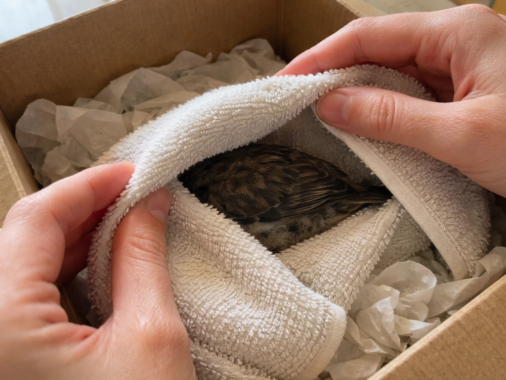 Warm baby bird nestling safely wrapped in a towel inside a box while someone checks it gently.