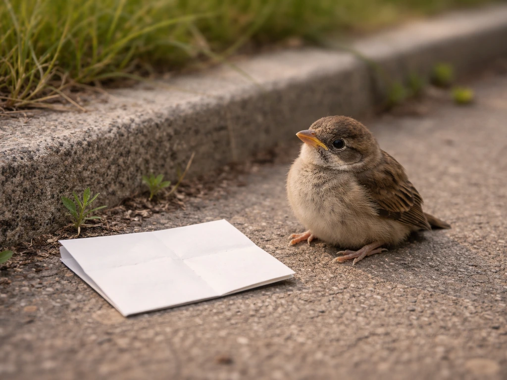 A small fledgling on the ground outdoors with a blank note beside it, conveying observe from a distance.