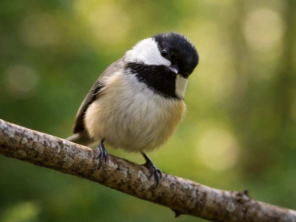 Small bird perched on a branch, head tilted as if listening in a quiet forest background.