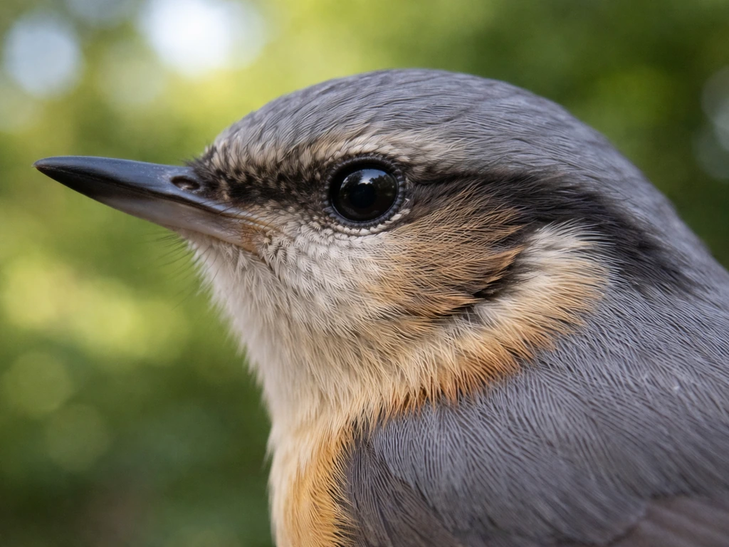 Close-up of a small bird’s head highlighting the ear region and feather contours, no outer ear visible