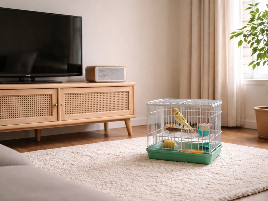 Pet bird cage placed away from a TV and speaker in a quiet, minimal living room corner.