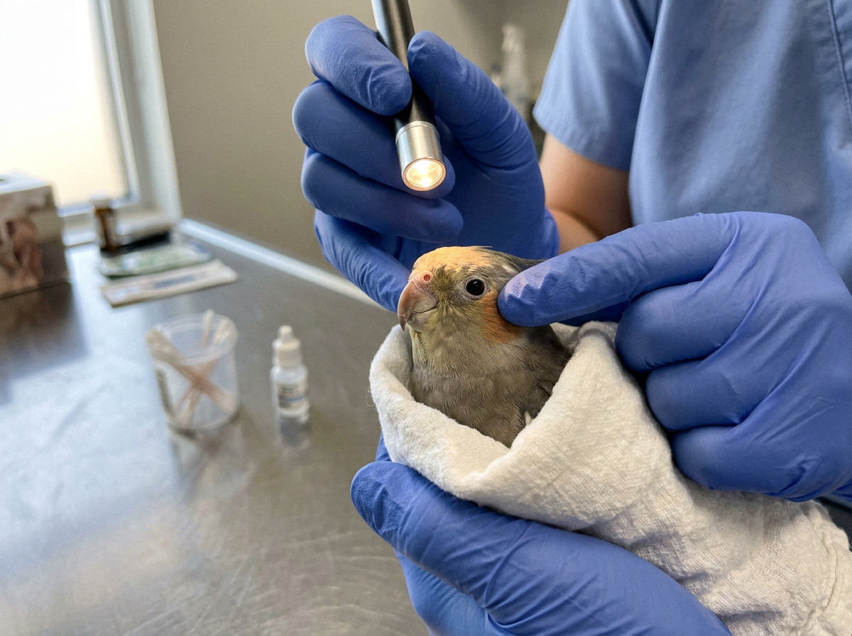 Pet bird with one eye gently examined by a vet using a soft light