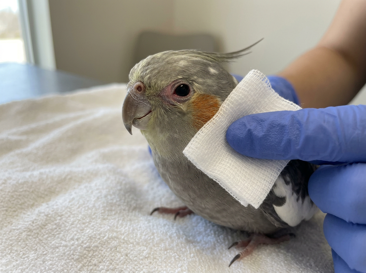 Bird with sticky eye discharge from conjunctivitis