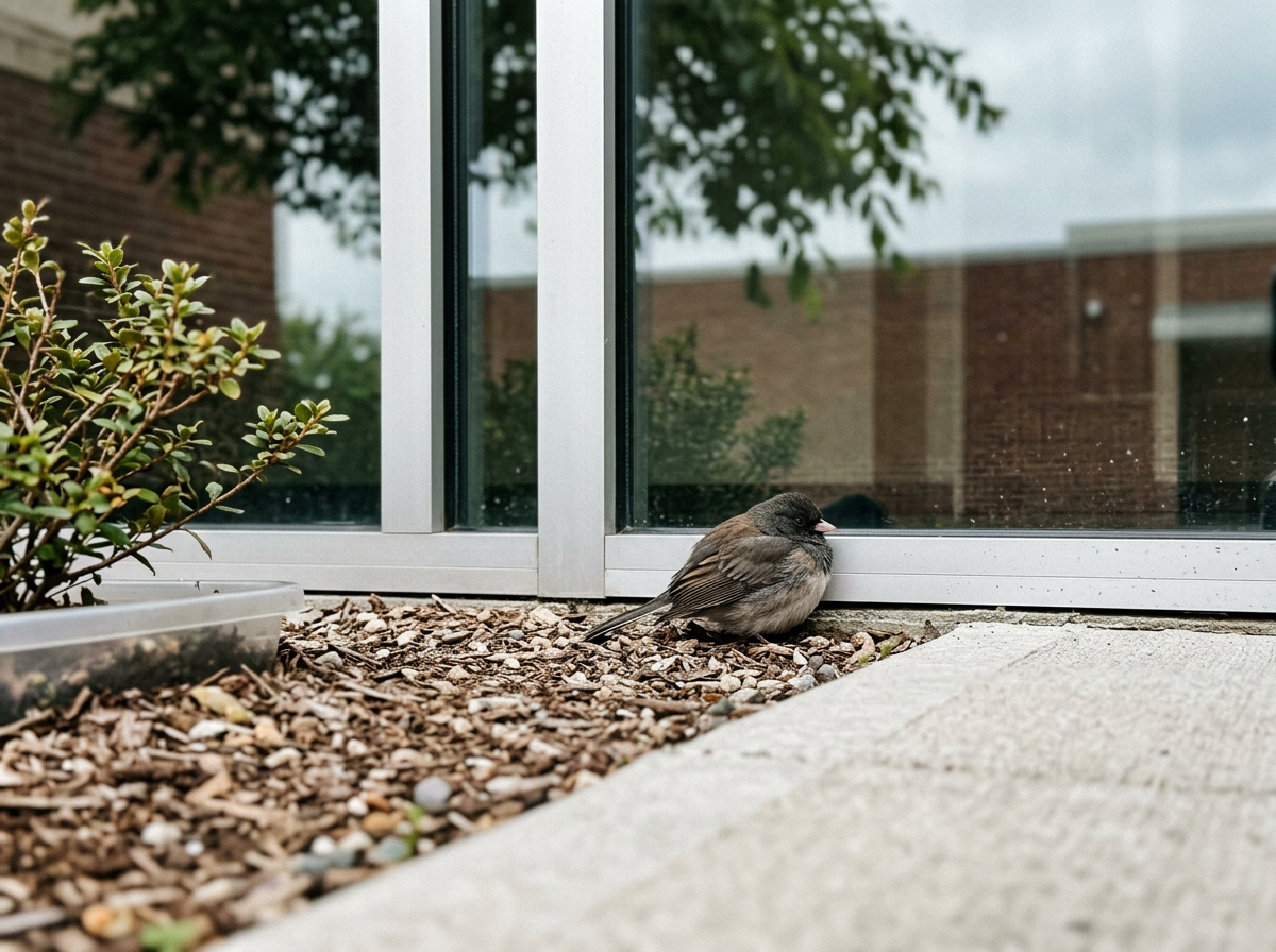 Window crash aftermath: disoriented bird near a reflective glass pane
