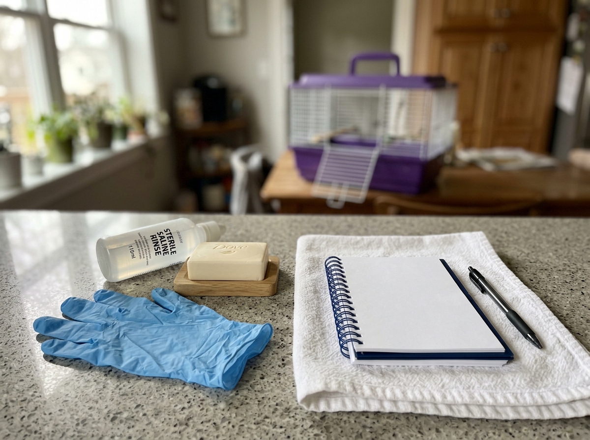 Steps for first aid: gloves and bottle of saline/soap-wash after exposure