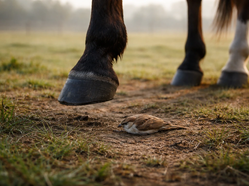 Horse hoof hovering just above the ground beside a small bird, showing urgent danger and immediate triage risk.