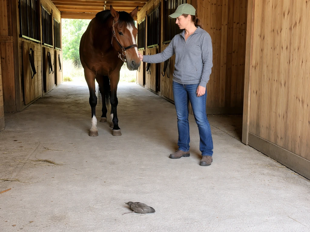 Person calmly stops a horse in a quiet stable while securing the area near an injured bird on the ground