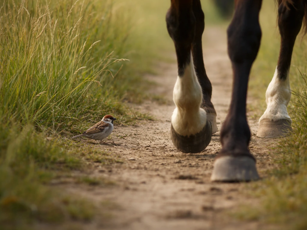 Small bird on ground near tall grass while a horse steps along a clear path in the foreground.