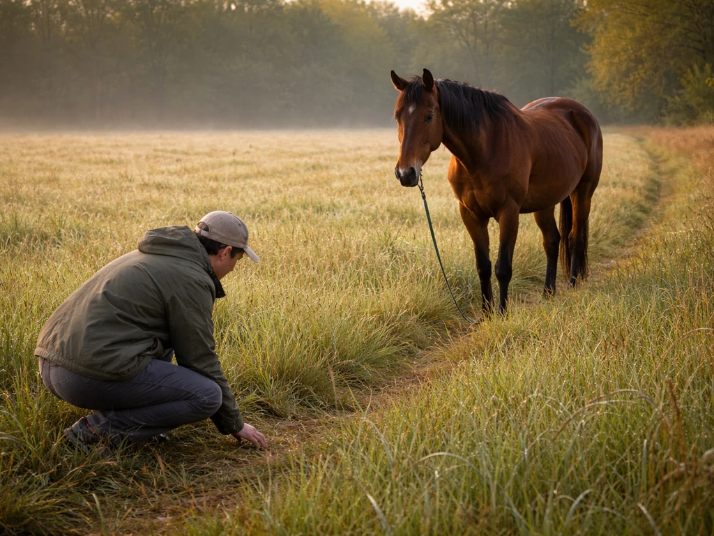 Horse handler scanning the ground ahead of a horse in tall grass near a field margin to avoid birds.