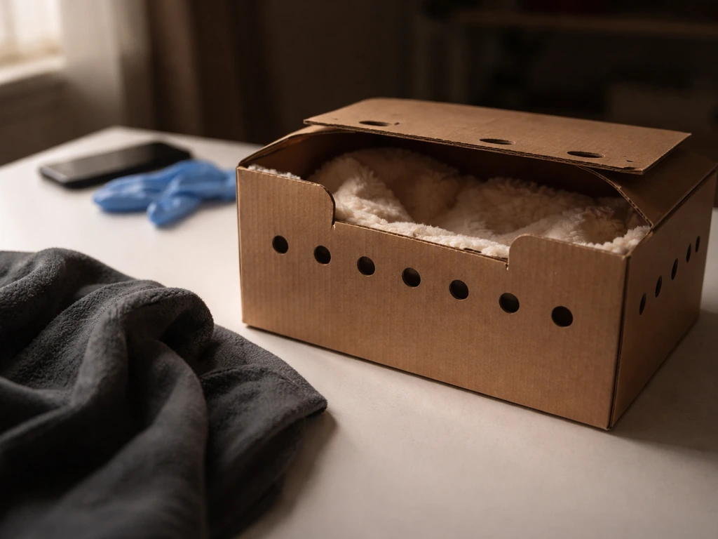 Small ventilated transport box lined with warm bedding in a quiet dim room for a wildlife aftercare handoff.