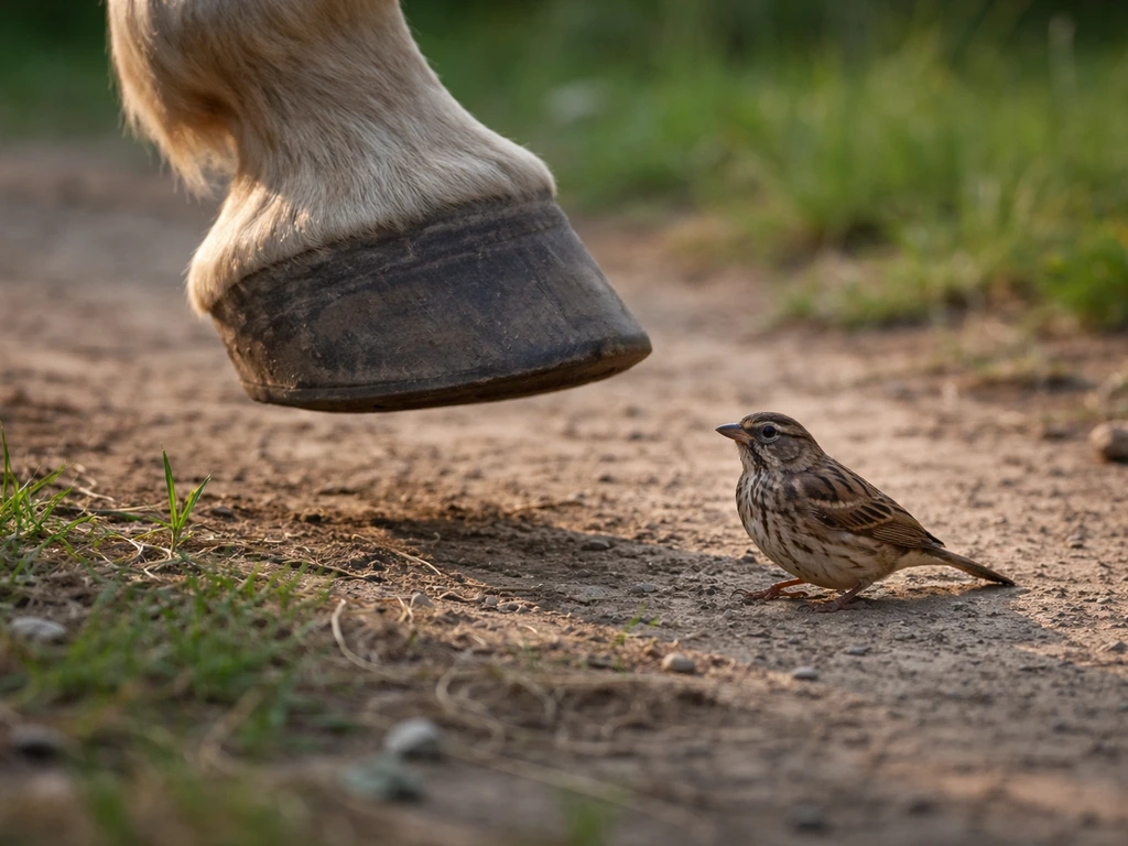 Horse hoof hovering above a small ground bird on dirt, uninjured and alert, near-contact moment.