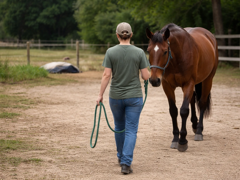 Anonymous handler calmly leading a horse away while a bird area stays contained in the background.