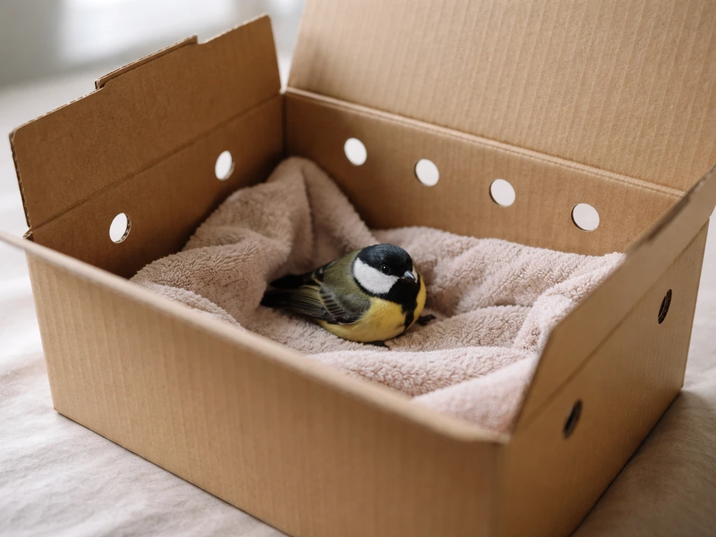Bird secured inside a ventilated transport box lined with soft material for safe warmth and containment.