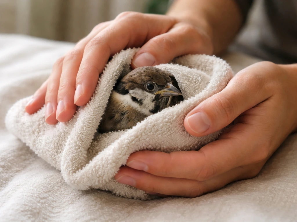 A person gently wraps an injured-looking wild bird in a light towel, wings held close but breathing.