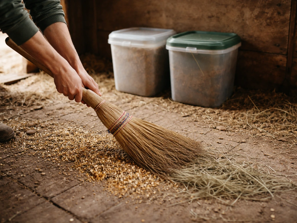 Worker sweeping spilled grain from a horse stall floor next to sealed feed bins