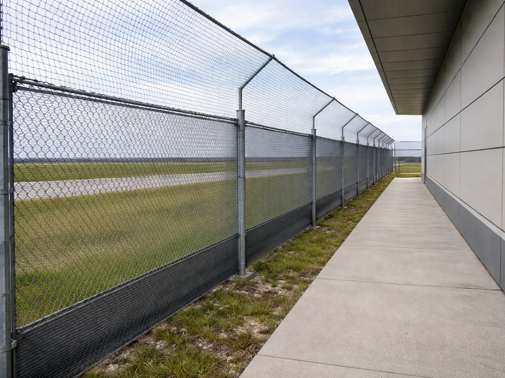 A quiet airport edge with a building wall fitted with bird exclusion netting and clean ground below.