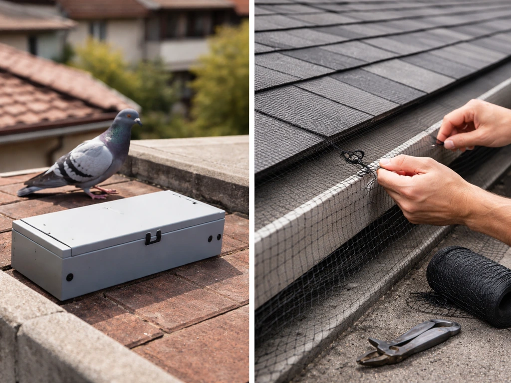 Split-style photo showing a pigeon on a rooftop ledge vs a hands setting mesh for bird prevention