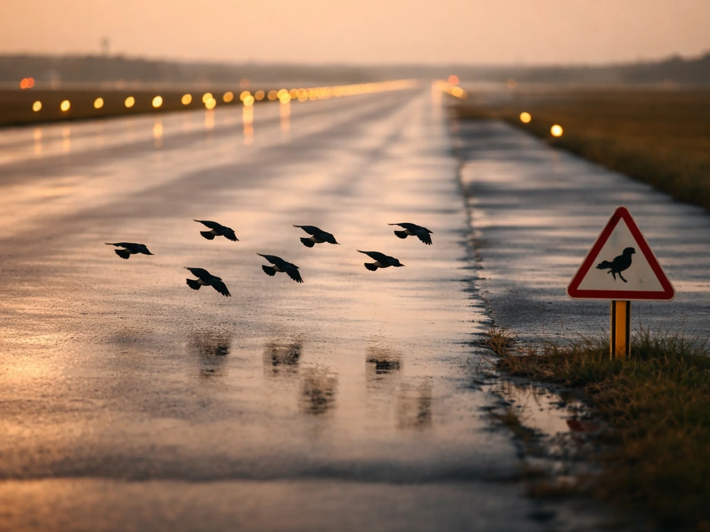 Blackbirds flying near an airport runway with a visible bird hazard sign by the tarmac