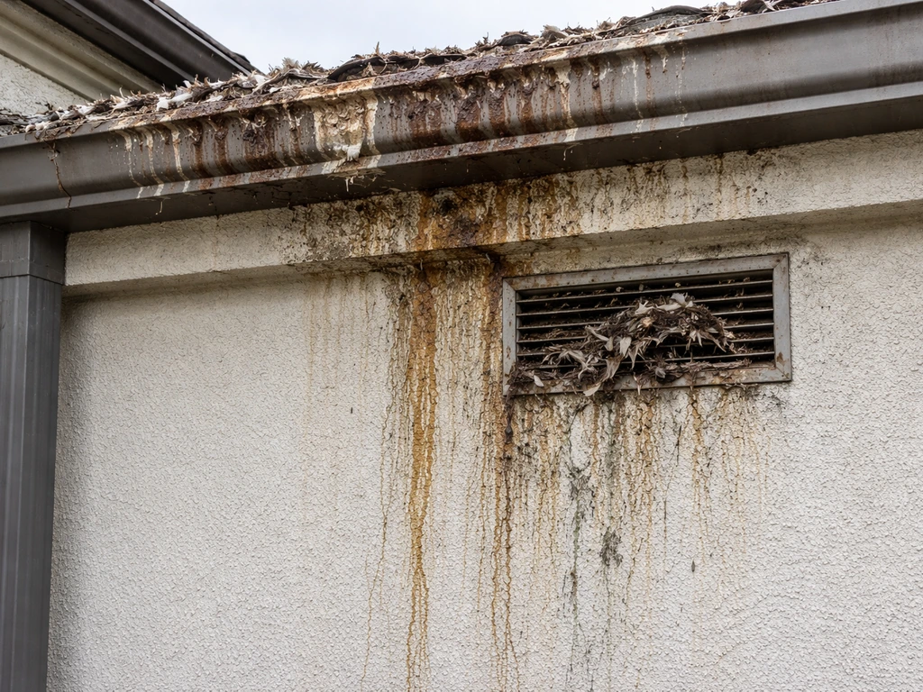 Damaged roof edge and clogged HVAC vent area from corrosive bird droppings residue