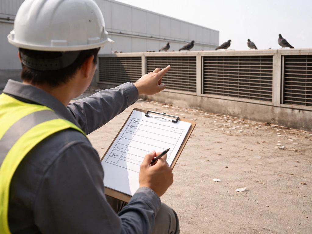 Close-up of a field worker taking notes during a site walkthrough near building vents where birds gather.