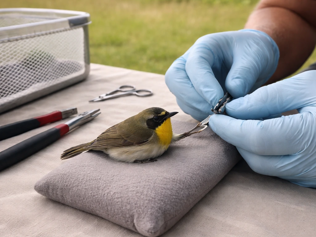 A small songbird being examined and fitted with a leg band on a padded table at a bird banding station.