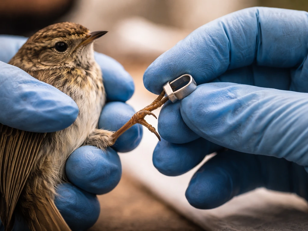 Close-up of gloved hands fitting a numbered metal leg band on a small bird’s leg