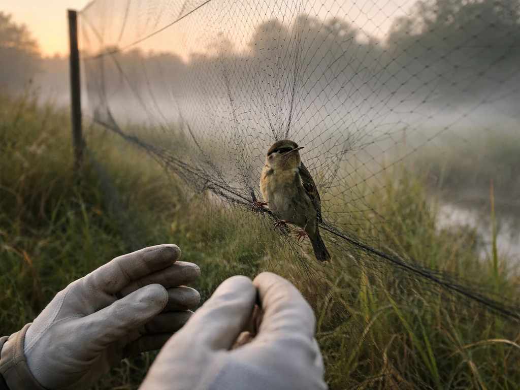 Small songbird lightly entangled in a mist net between two poles in a grassy wetland, gentle extraction implied.
