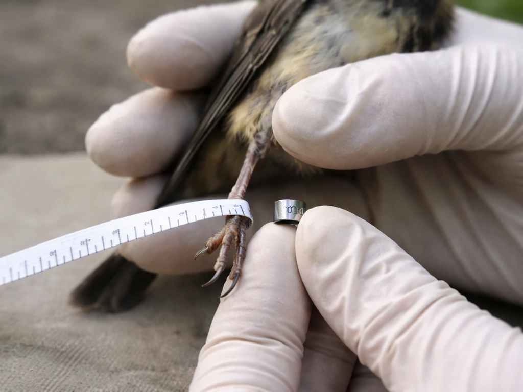 Gloved hands measuring a small bird’s leg and fitting a correctly sized band with a simple tape measure