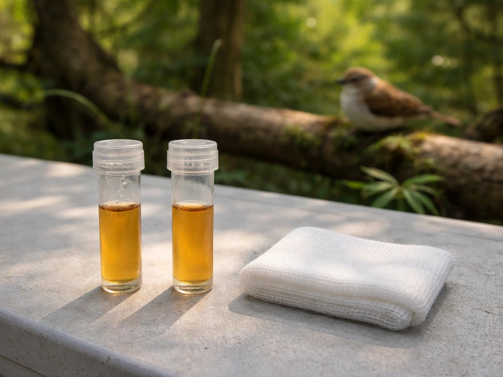 Unlabeled lab tubes on a field table, with a small bird resting in the background habitat.