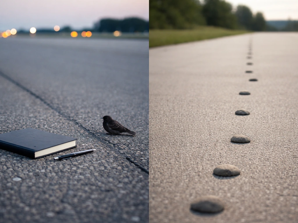 Split-screen of a bird incident scene beside a simple timeline-like pattern on pavement, no text.