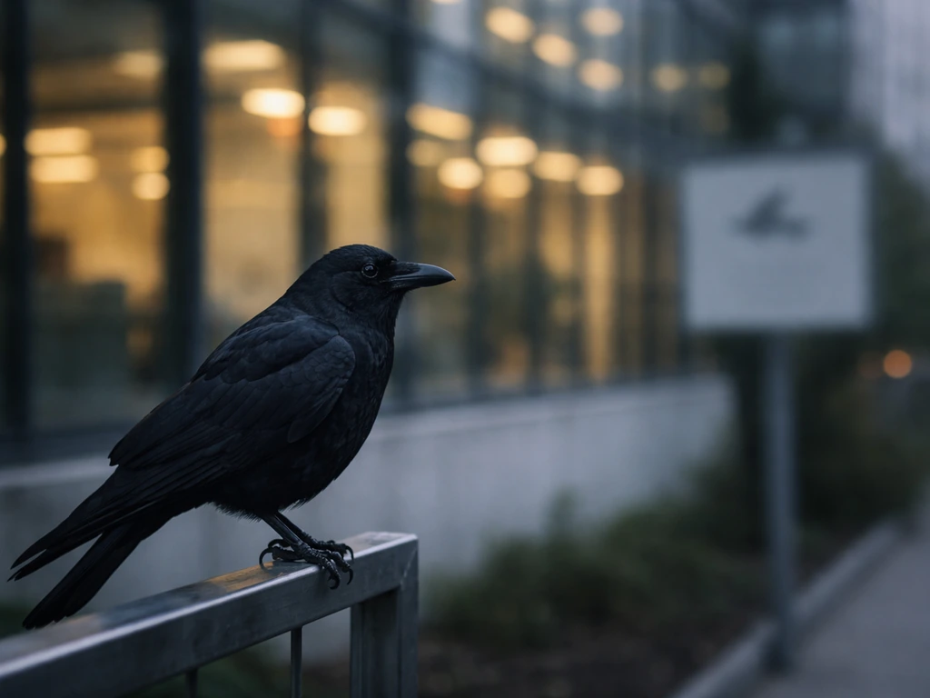 A dark bird perched on a metal railing outside a glass office building at dusk.