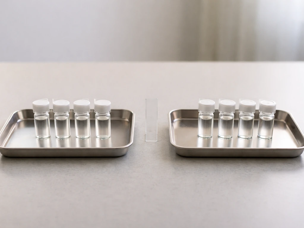 Two matched lab trays with sample vials, one subtly darker, suggesting a baseline controlled comparison.