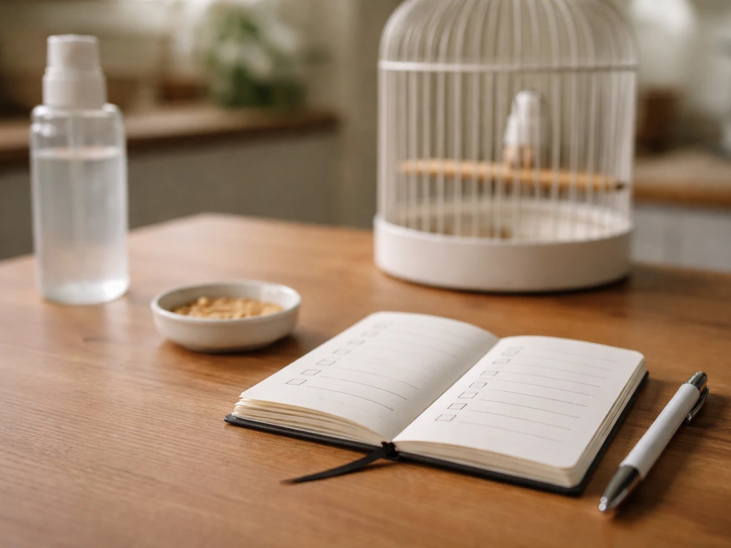 Close-up of a notebook with checkboxes beside a birdcage and safe household items, ready for recording details.
