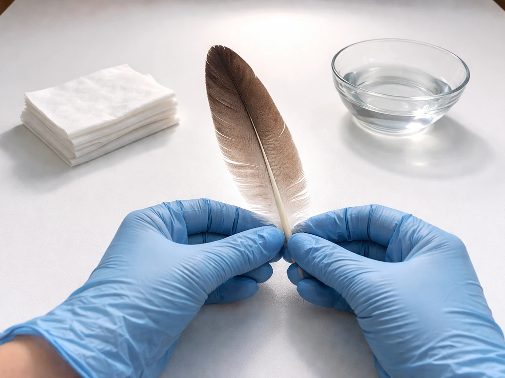 Gloved hands inspecting a single feather under bright light on a clean table with cleaning wipes nearby.