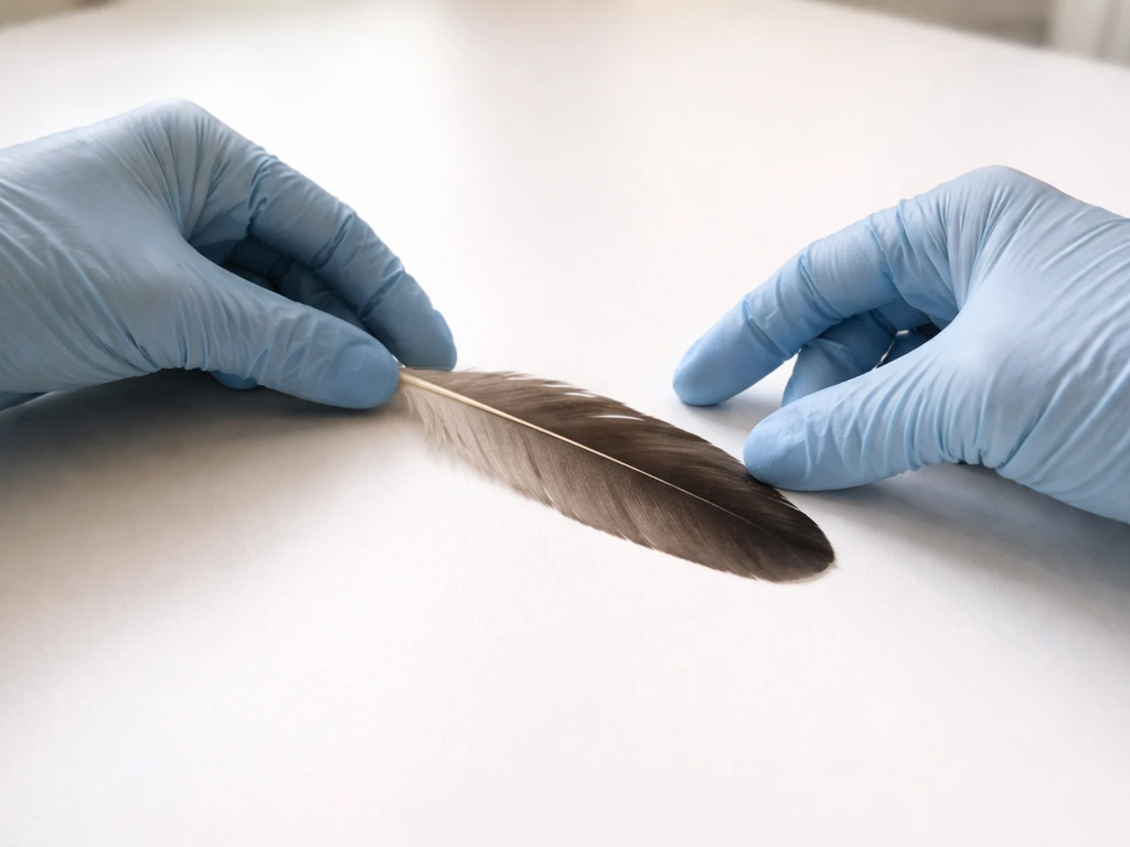 Gloved hands gently touching an intact bird feather and placing it on a clean surface.