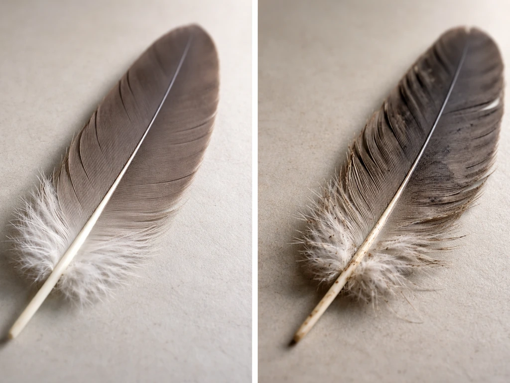 Close-up pair of feathers: one clean and dry, the other damp and soiled on a neutral surface.
