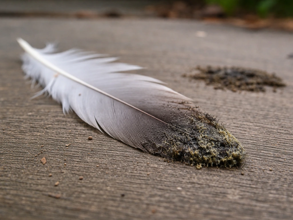 Wet, moldy bird feather on the ground with nearby dirt suggesting contamination.