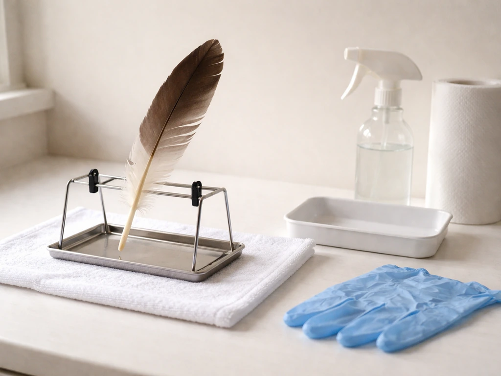 A single feather drying on a rack beside unlabeled spray, wipes, a tray, and gloves.