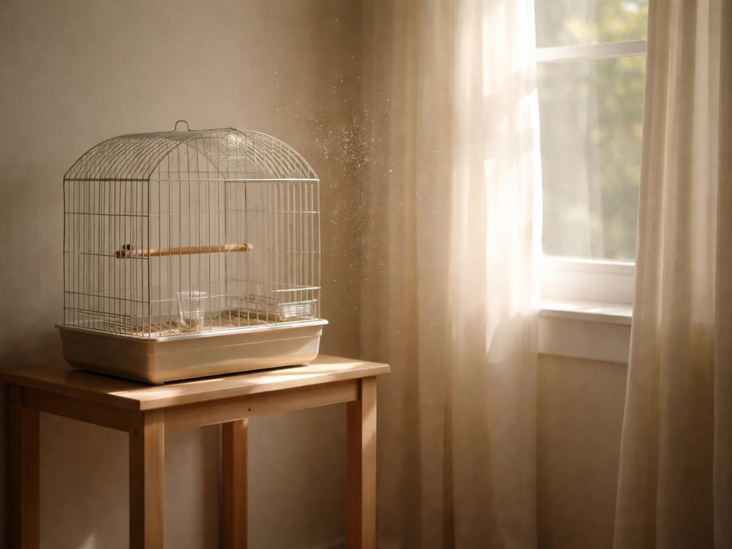 Close view of a bird cage with visible fine airborne dust particles in natural light