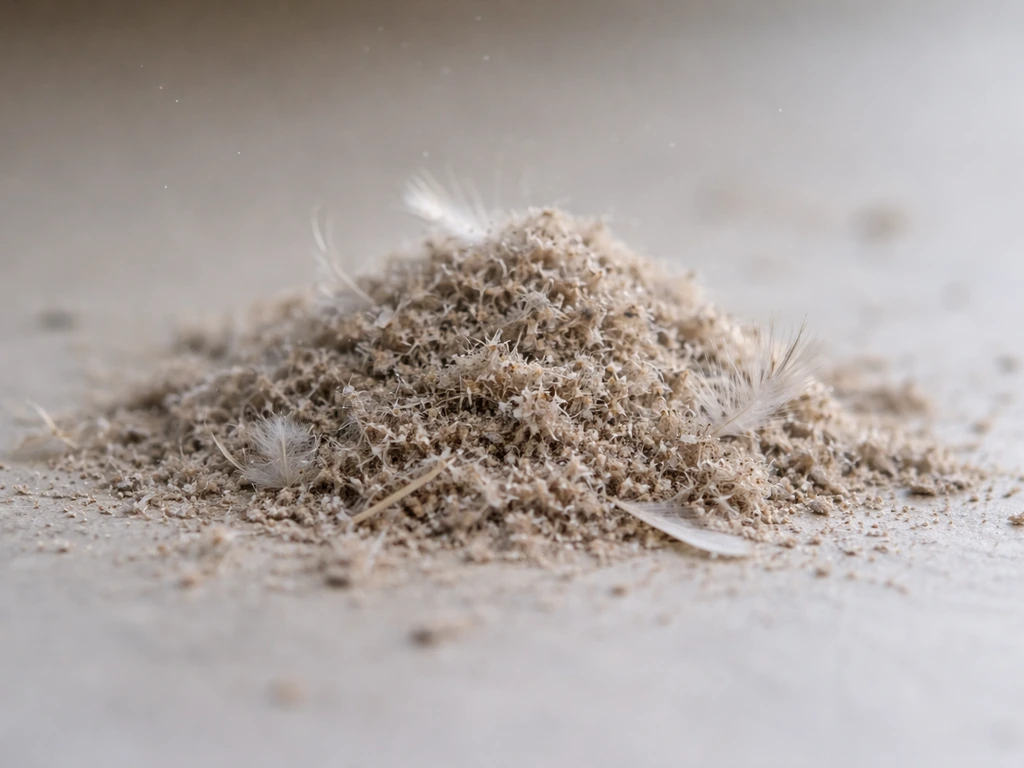 Macro close-up of fine gray flakes and tiny feather fibers suggesting shed bird dander dust.