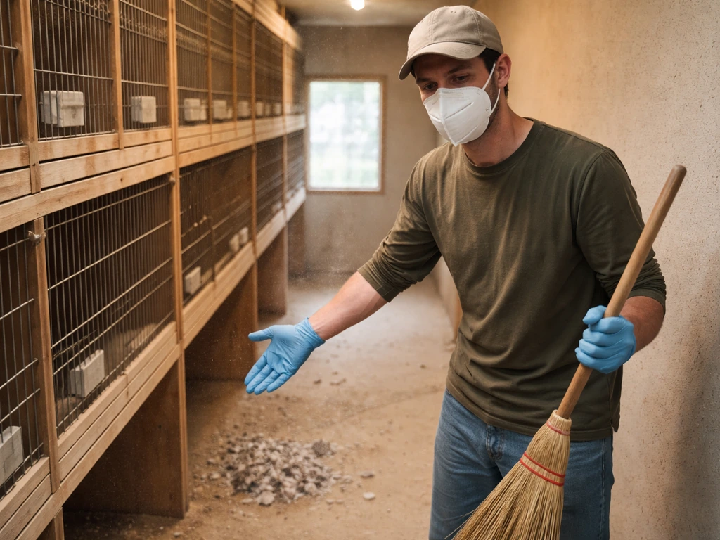 Anonymous bird keeper in an aviary with dust mask, sweeping a small cleanup area on the floor.