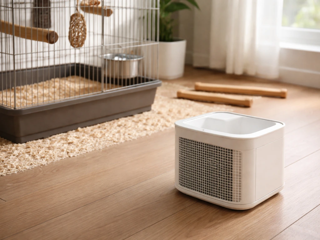HEPA air purifier running in a quiet bird room near cleanable perches and cages