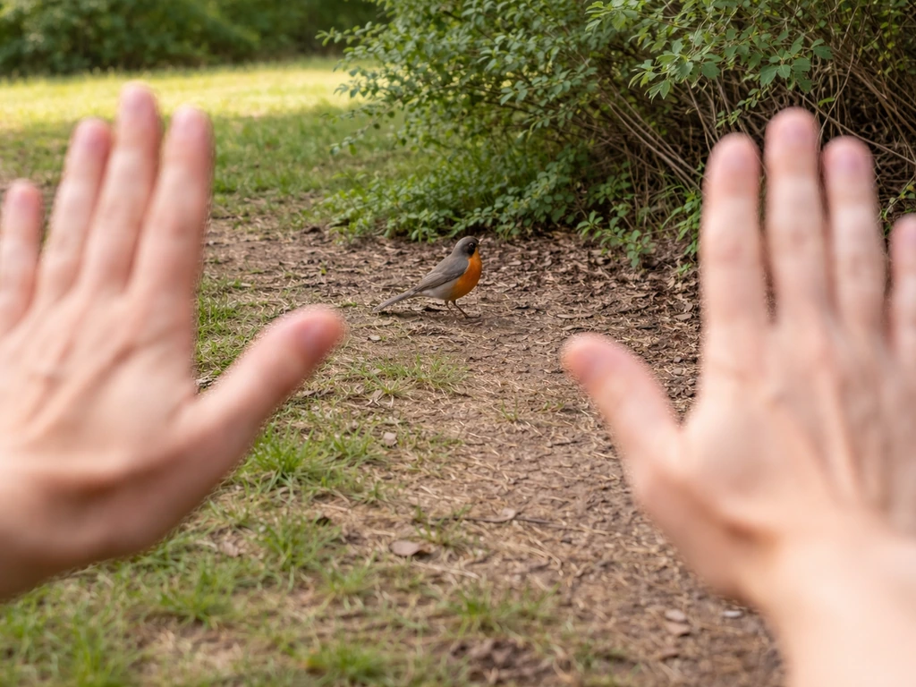 Blurred hands in a stop gesture stay far from a wild bird on the ground outdoors.