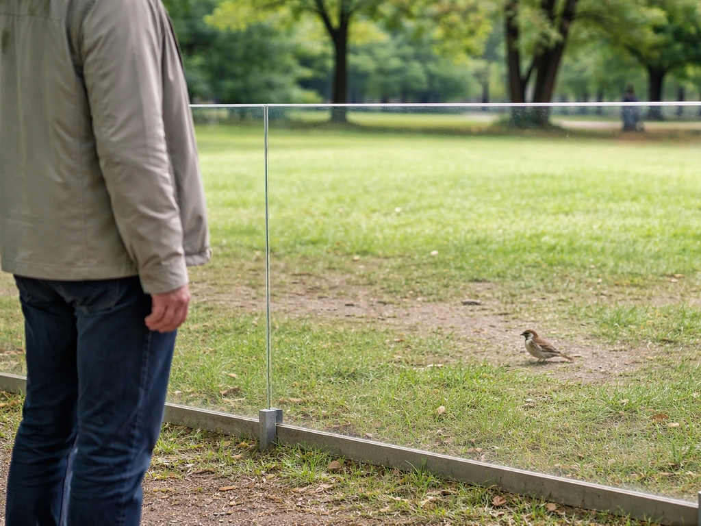 Person observing a wild bird from behind a clear barrier, hands down, safe distance.